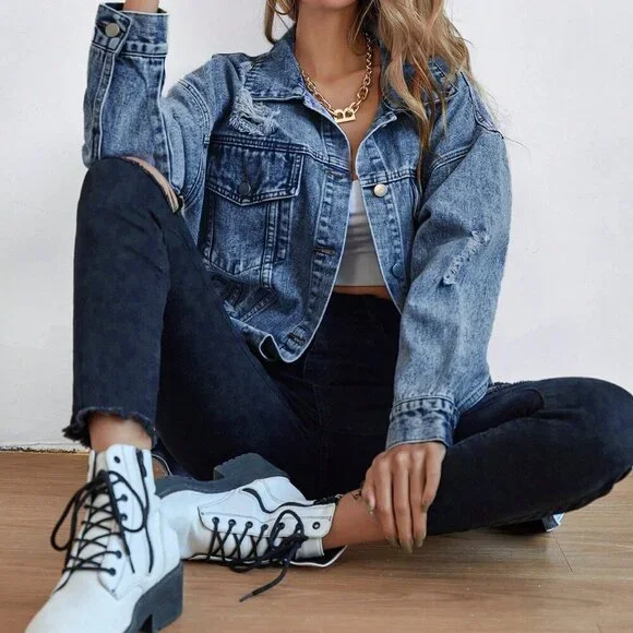 Light Wash Casual Women's Ripped Drop Shoulder Denim Coat - Picture 3 of 6